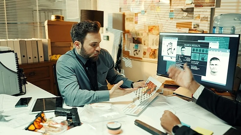 Computer screen collaboration and investigation with detective people in office at night Conversation evidence and photograph with police team at desk in workplace for evening review of clues