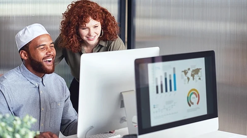 Teamwork digital agency or business people on computer for company growth strategy review or analytics in office Startup collaboration or worker for SEO success or planning website research